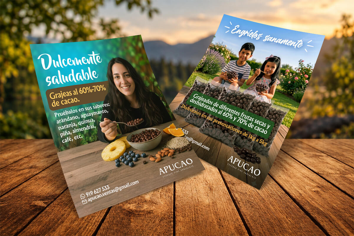 Dos flyers publicitarios de Apucao: promoción de grajeas con cacao y frutas, y presentación de grajeas de frutas secas y deshidratadas