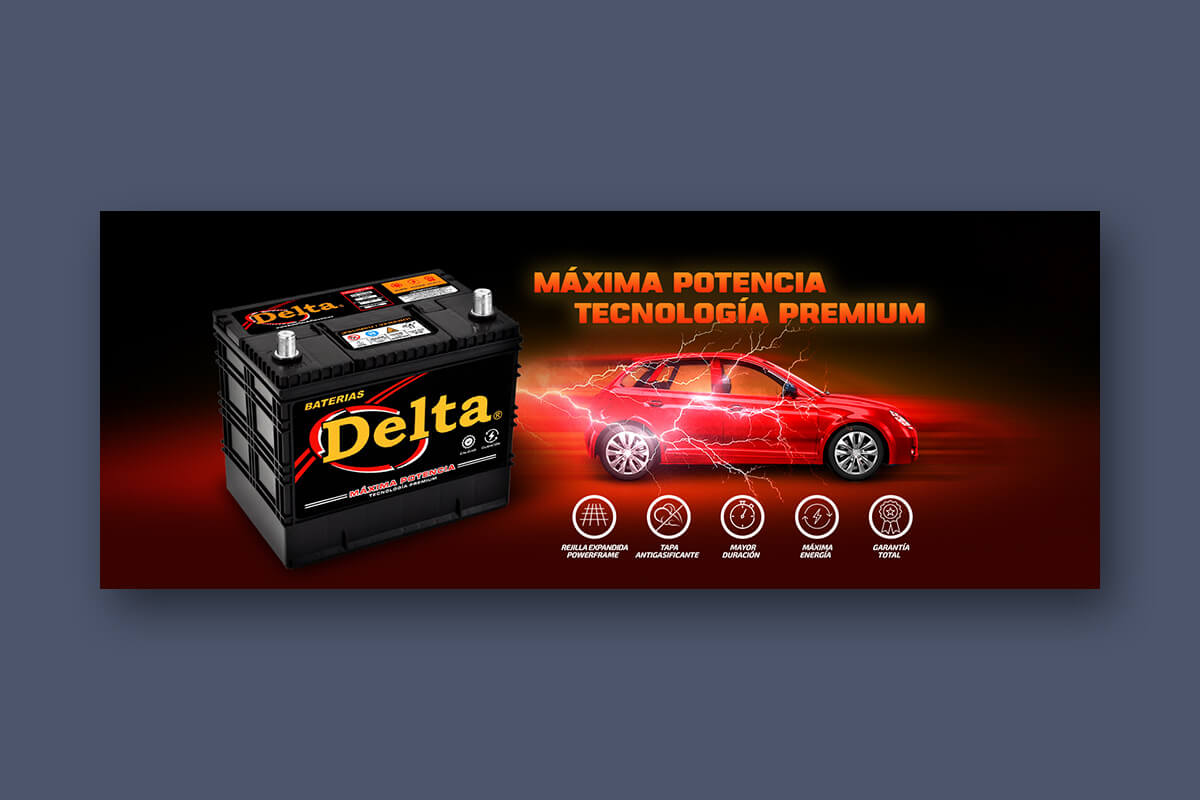 Diseño de portada para Facebook de Baterías Delta con concepto de máxima potencia y tecnología premium
