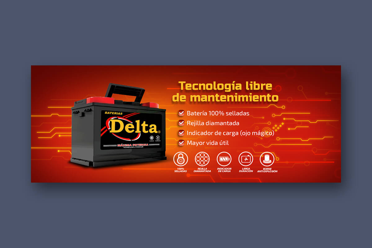 Diseño de portada para Facebook de Baterías Delta con tecnología libre de mantenimiento y características del producto