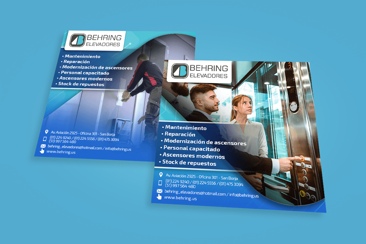 Diseño de flyers publicitarios y diseño web para Behring Elevadores
