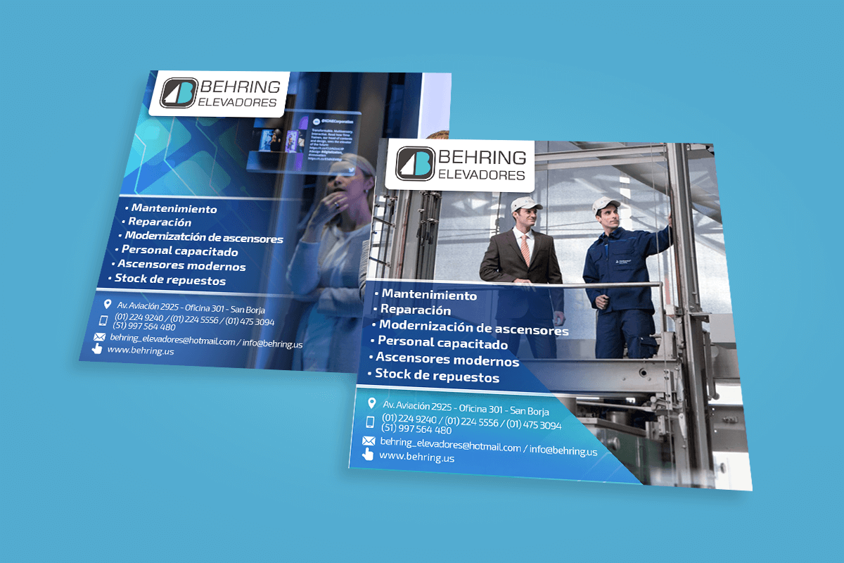 Diseños de flyers para redes sociales de Behring Elevadores con información sobre sus servicios de ascensores