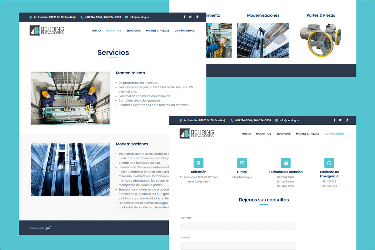 Diseño de diferentes páginas del sitio web de Behring Elevadores para servicios, modernizaciones y contacto