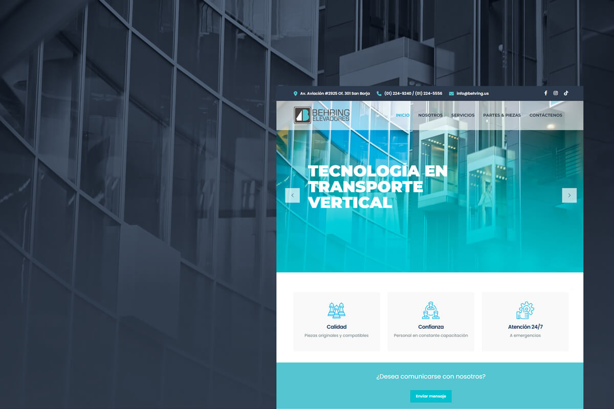 Portada del sitio web de Behring Elevadores con diseño corporativo en tonos gris y cyan