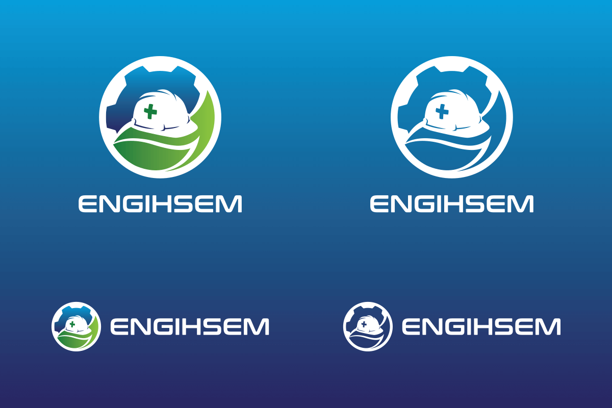Sistema de versiones negativas del logotipo de Engihsem en formatos vertical y horizontal, con degradados y versiones monocromáticas