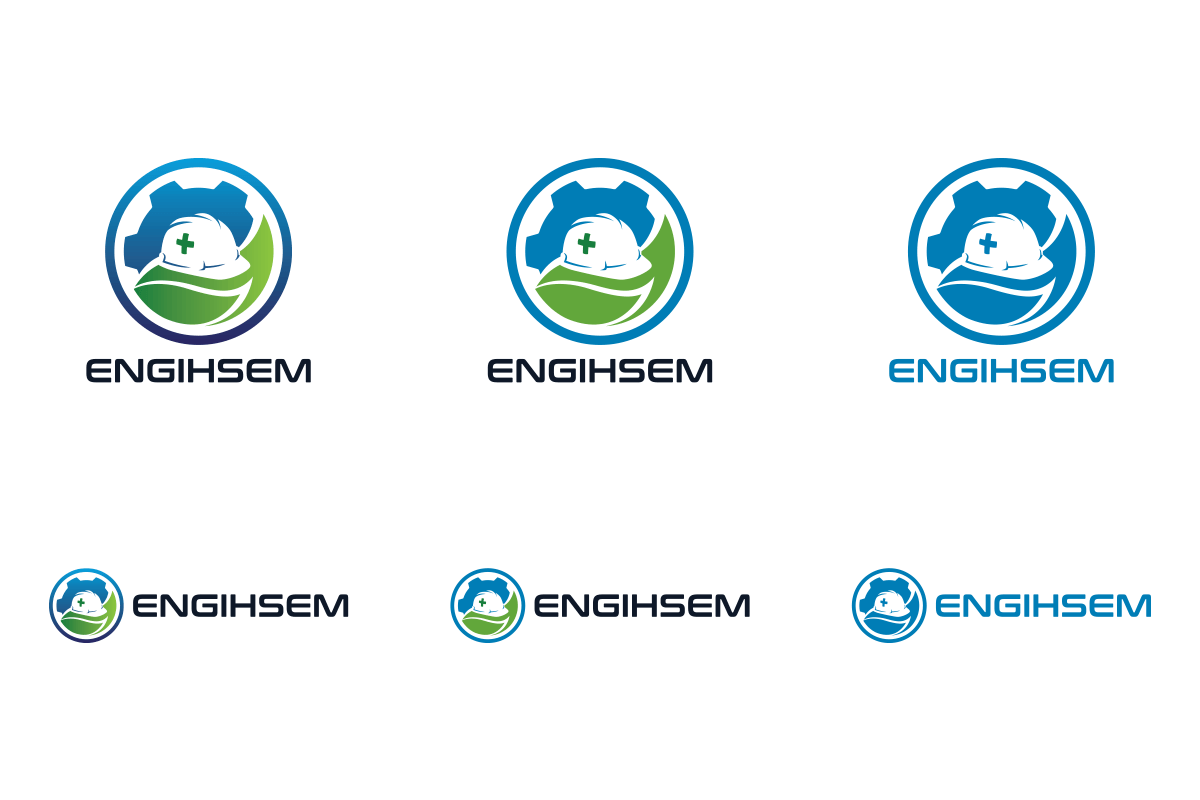 Sistema de versiones positivas del logotipo de Engihsem en formatos vertical y horizontal, con degradados, colores planos y versiones monocromáticas