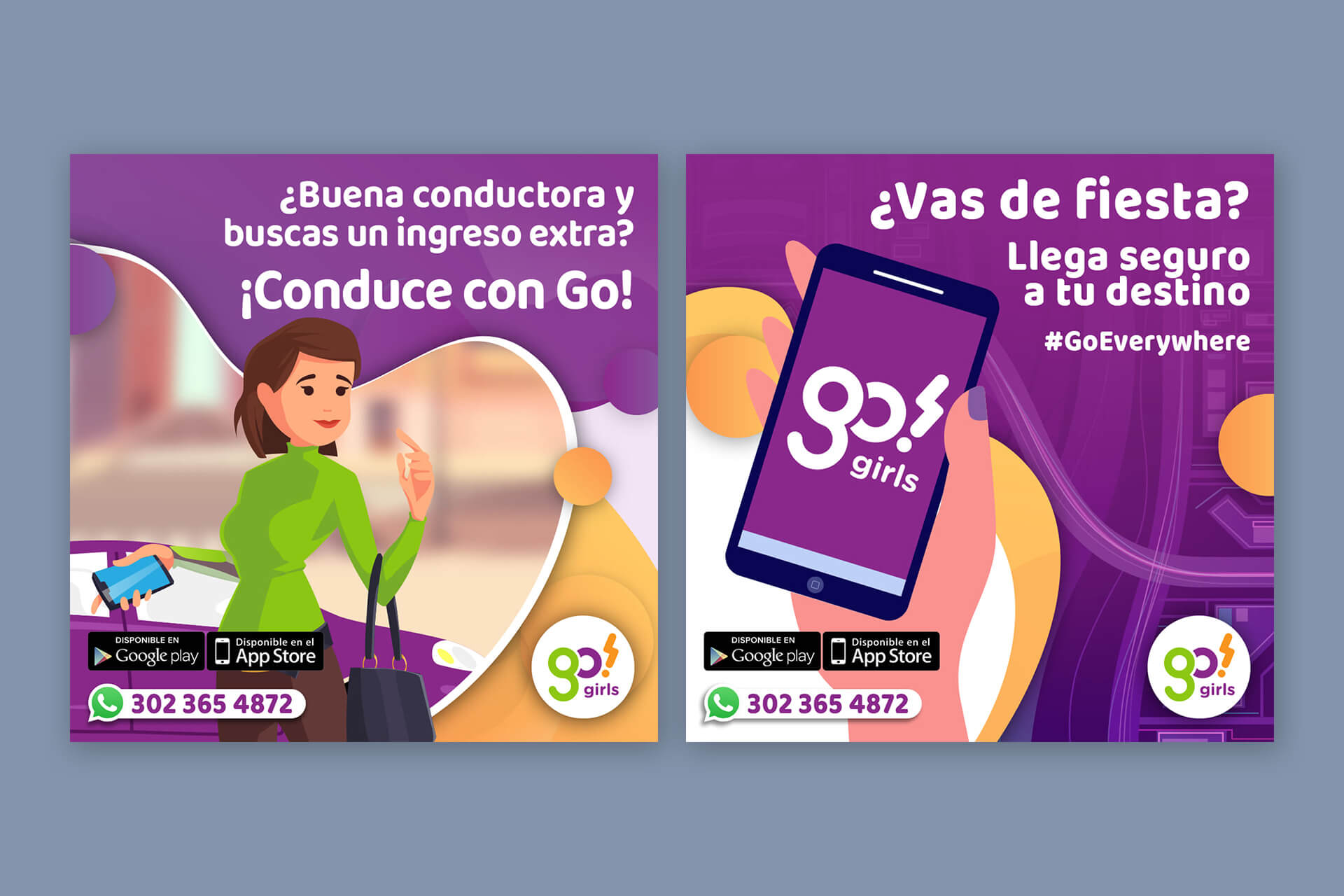 Flyers para redes sociales de Go! Girls con ilustraciones 2D y aplicación de la identidad visual