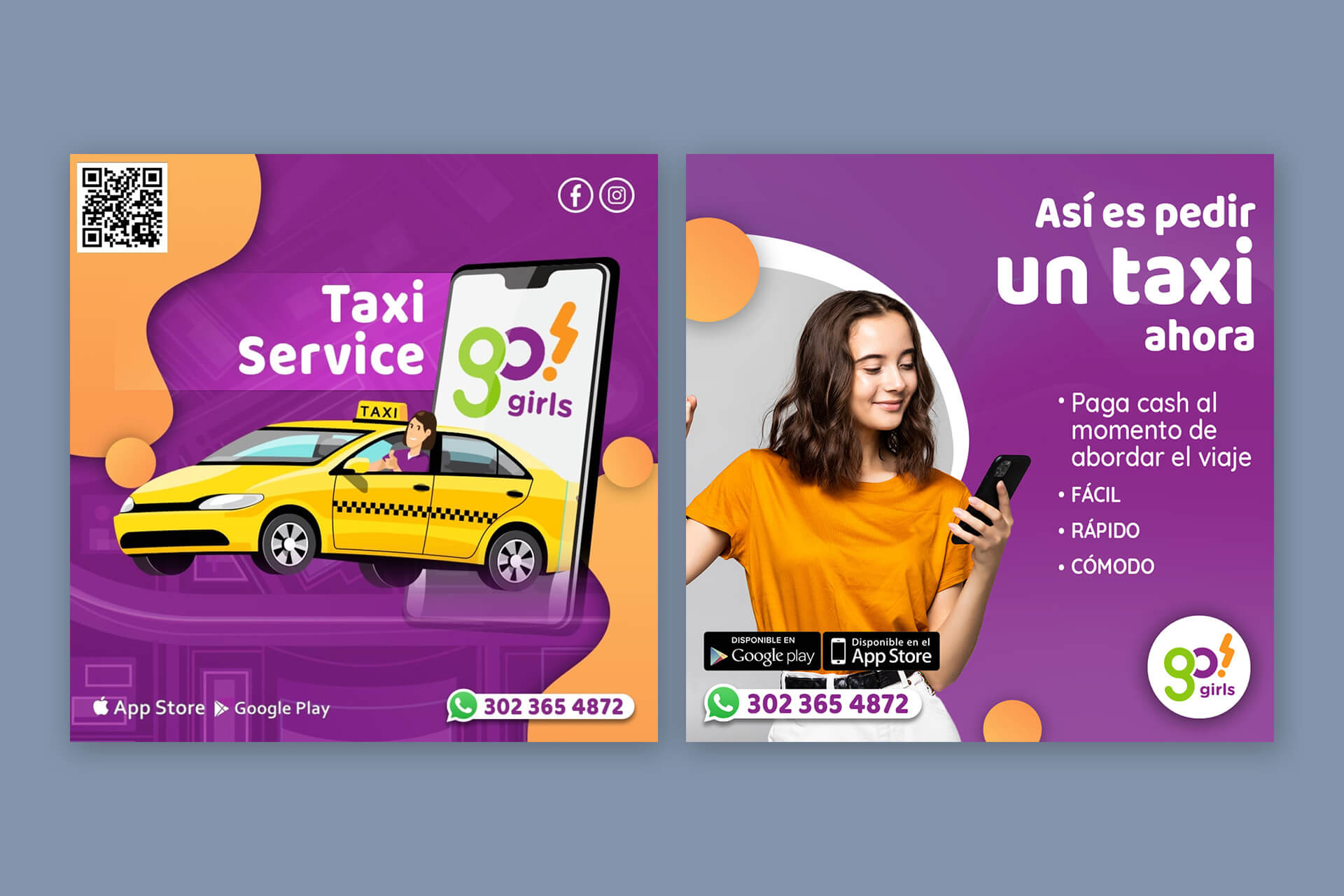 Flyers para redes sociales de Go! Girls con mensajes promocionales, ilustraciones 2D y elementos gráficos de la marca