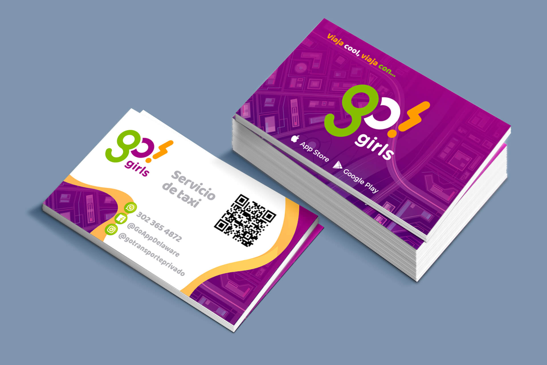 Diseño de tarjeta de presentación para Go! Girls con logotipo, código QR e información de contacto