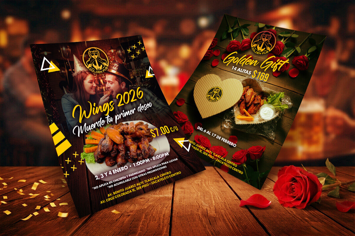 Diseño de portadas y flyers de promociones y conciertos para redes sociales para Golden Pub