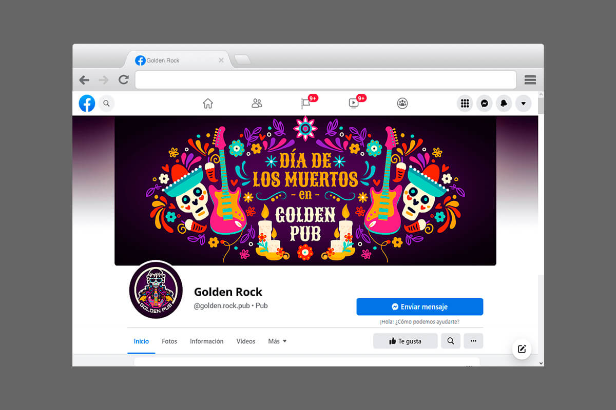 Diseño de portada y perfil de Facebook de Golden Pub para Día de Muertos con calaveras, guitarras y colores mexicanos
