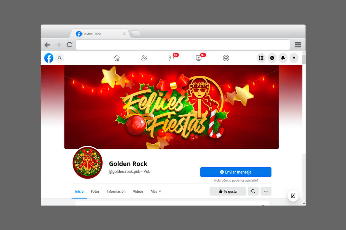 Diseño de portada y perfil de Facebook de Golden Pub para Navidad con logotipo dorado y elementos navideños