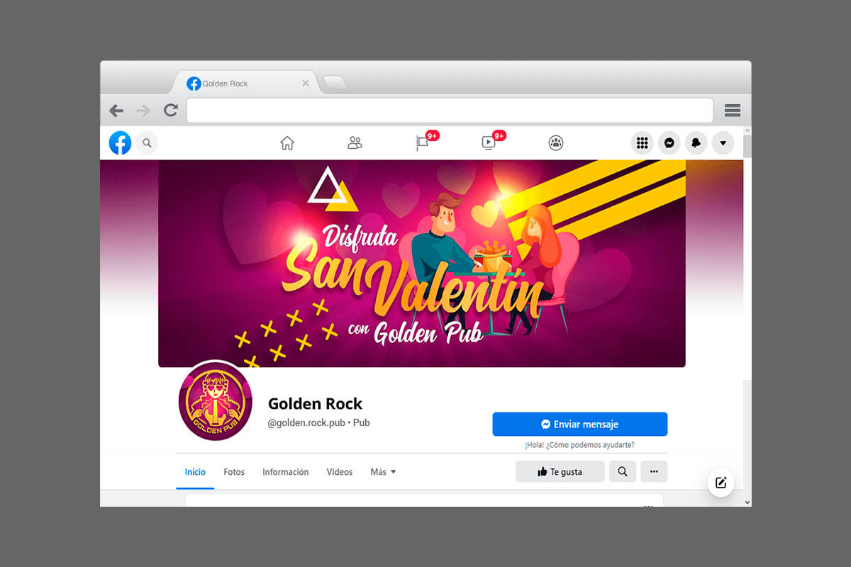 Diseño de portada y perfil de Facebook de Golden Pub para San Valentín con ilustración 2D y promoción de alitas