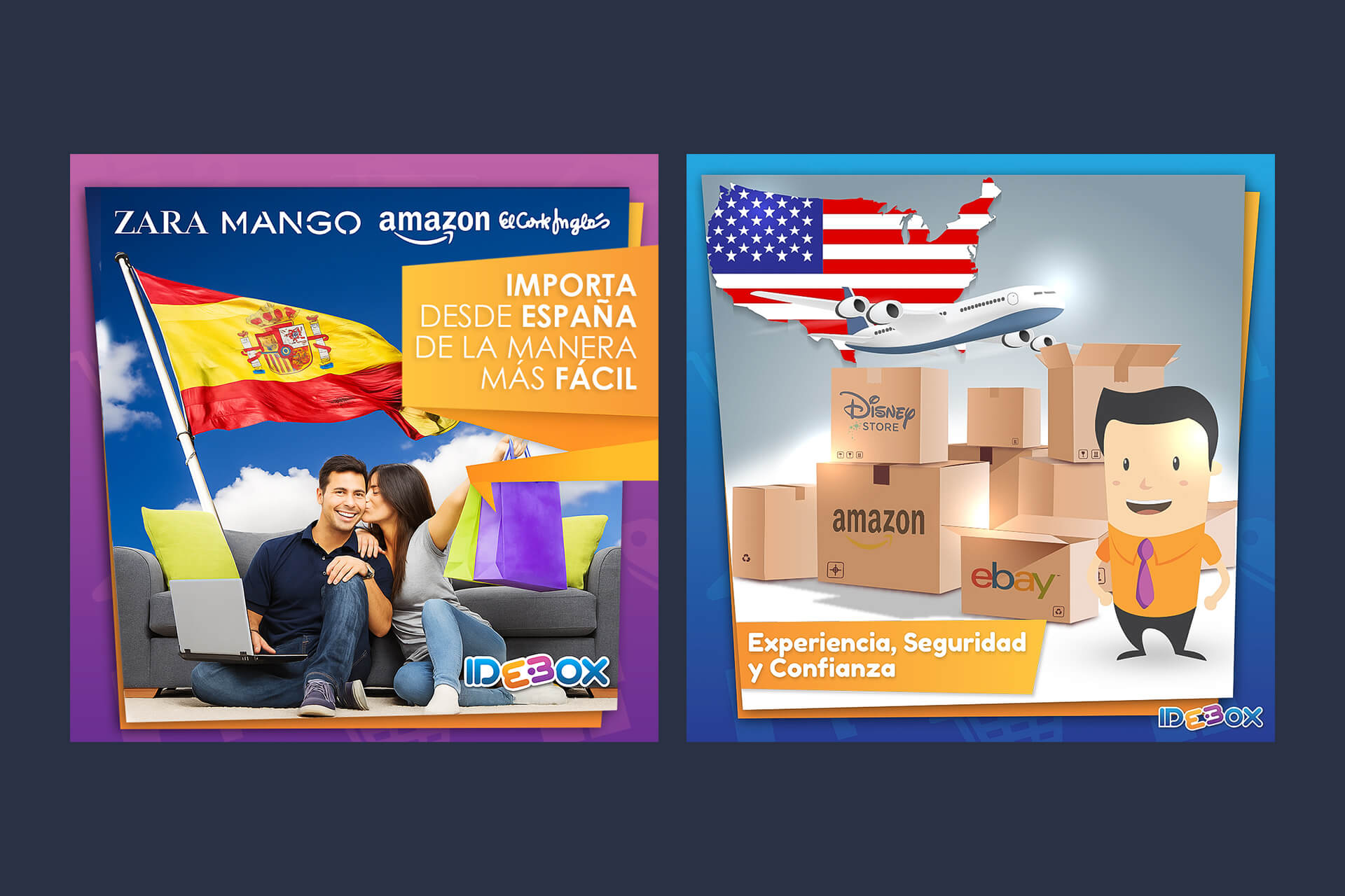 Flyer de Idebox de la primera etapa de identidad visual con fondos degradados y colores corporativos