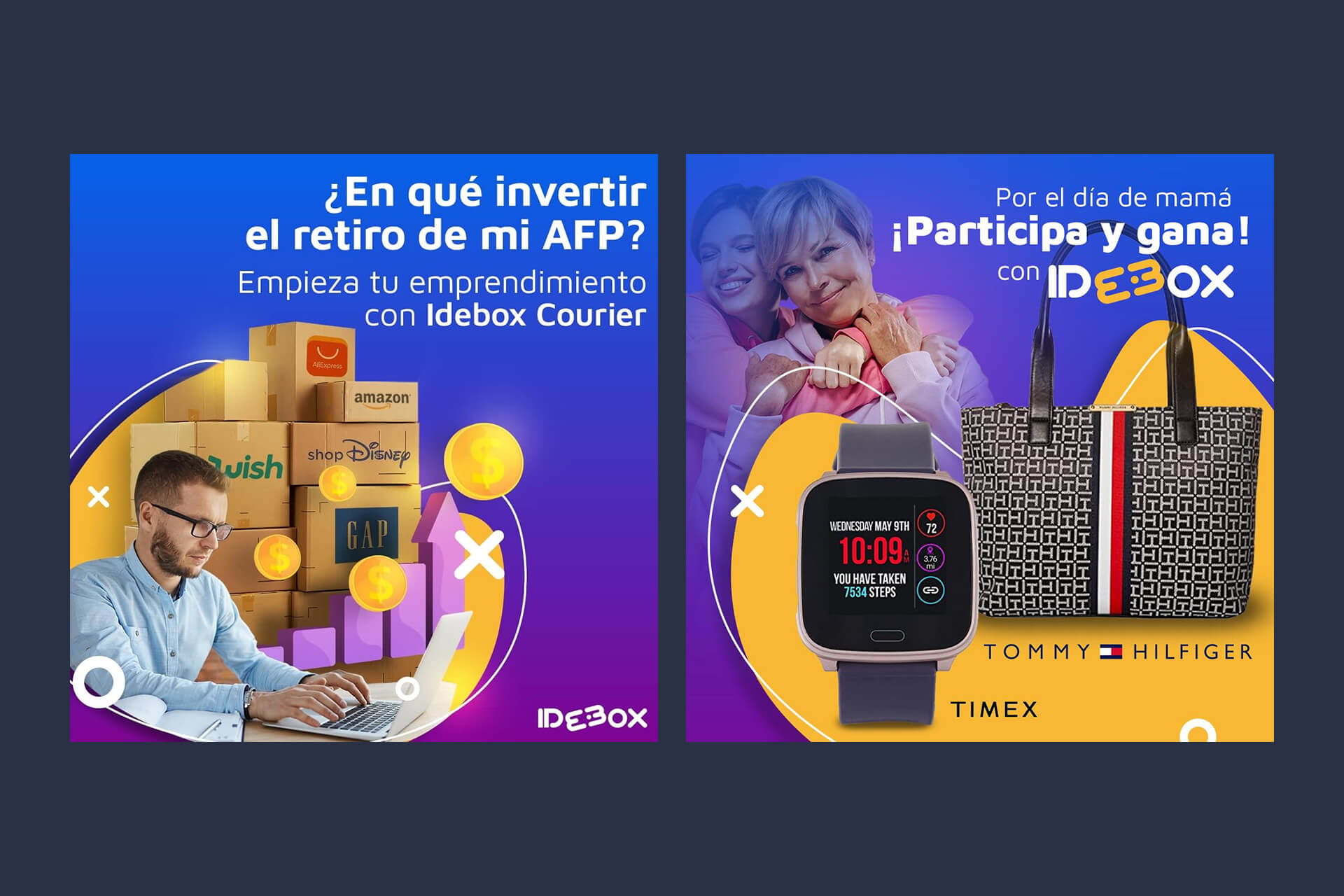 Flyers de Idebox con la nueva línea gráfica basada en colores vibrantes, formas irregulares, círculos y cruces