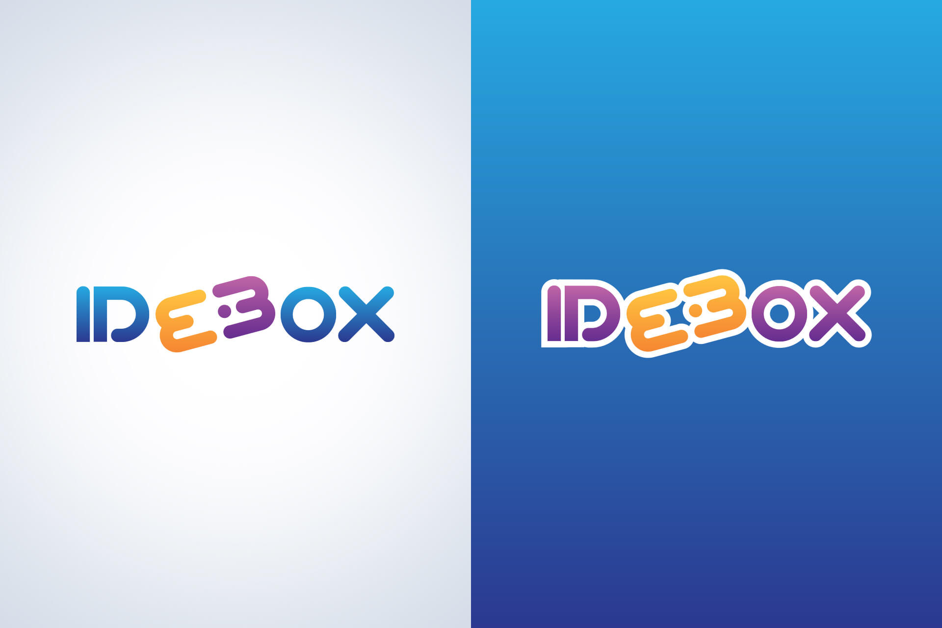 Primera versión del logotipo de Idebox en positivo y variación con bordes blancos desarrollada en 2017