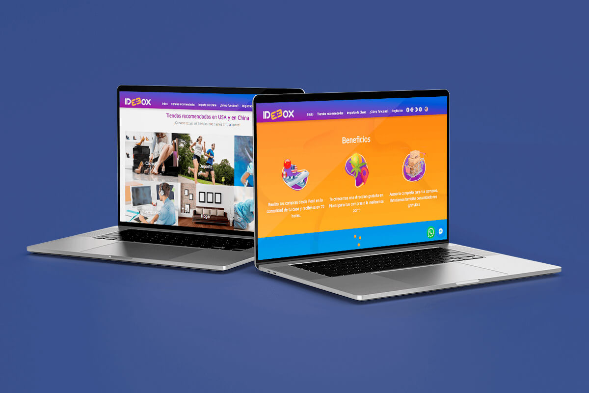 Secciones interiores de la página web de Idebox mostradas en computadoras portátiles