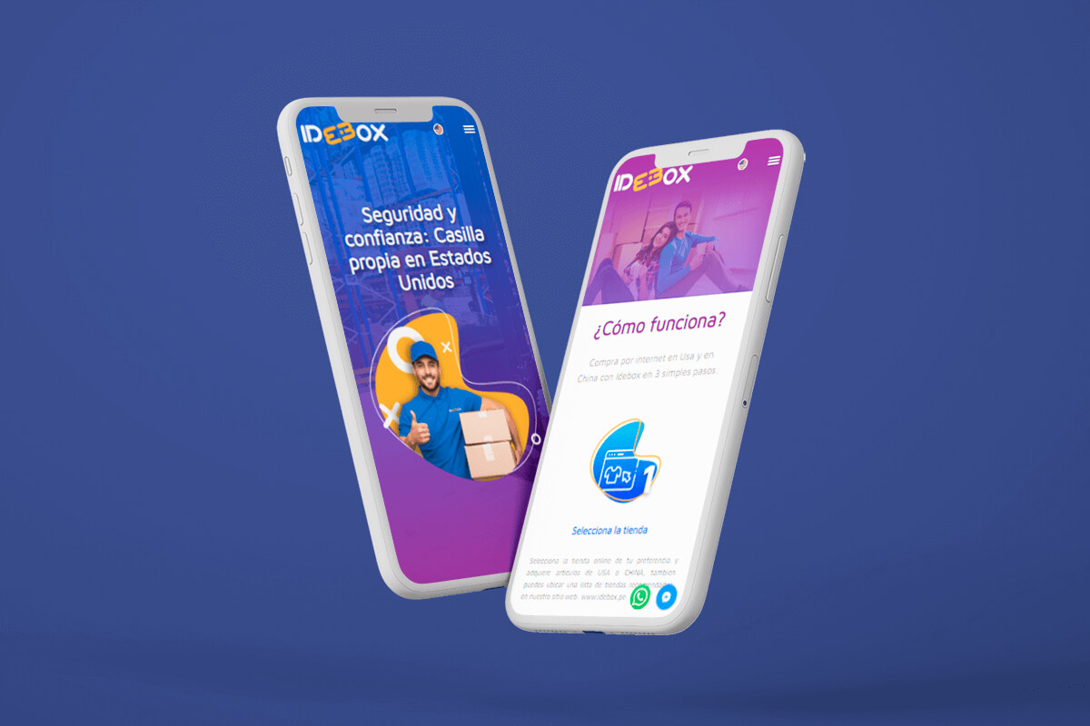 Diseño responsive de la página web de Idebox mostrado en teléfonos móviles