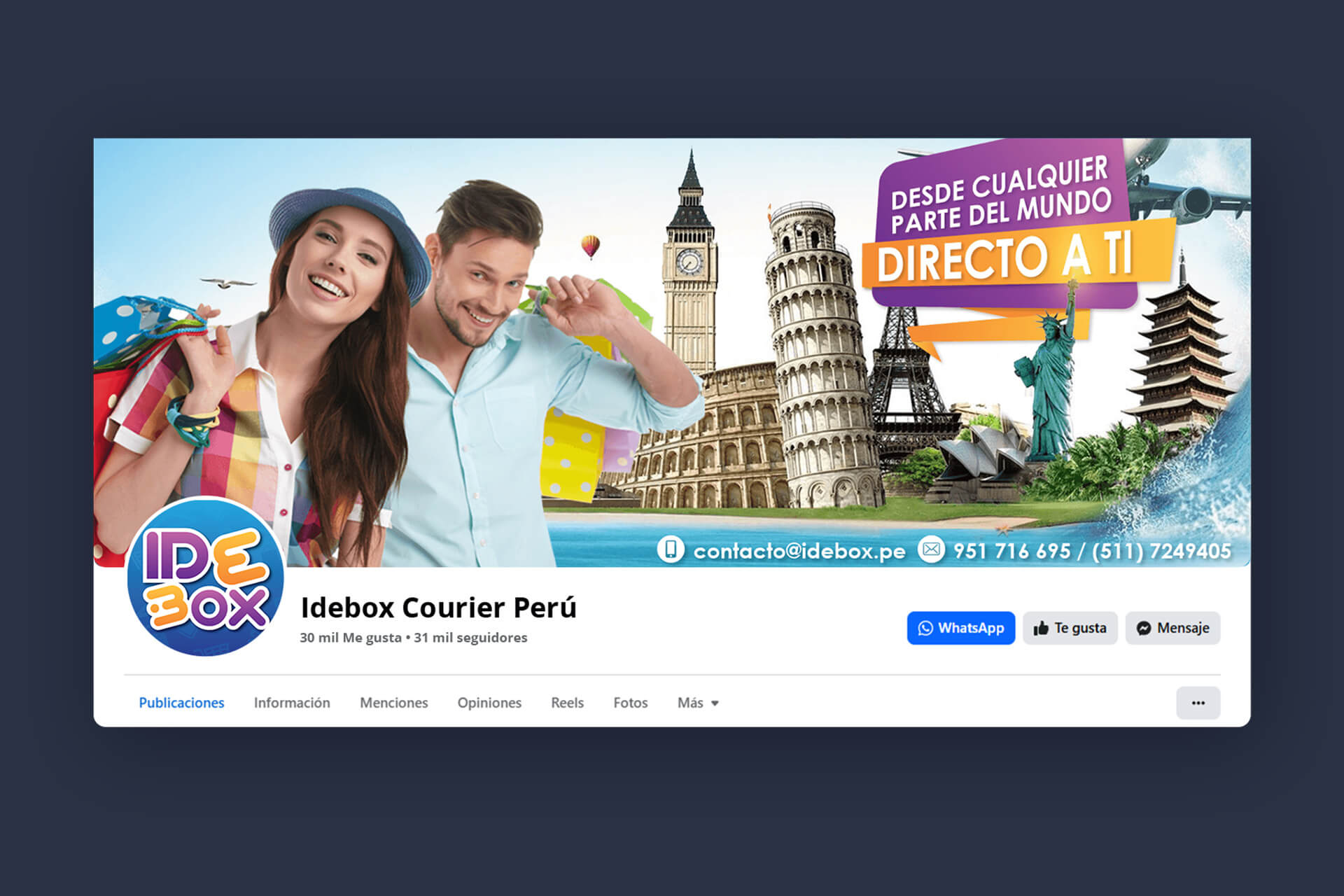 Portada de Facebook de Idebox de 2017 con aplicación del logotipo, pareja realizando compras y referencias visuales de diferentes países