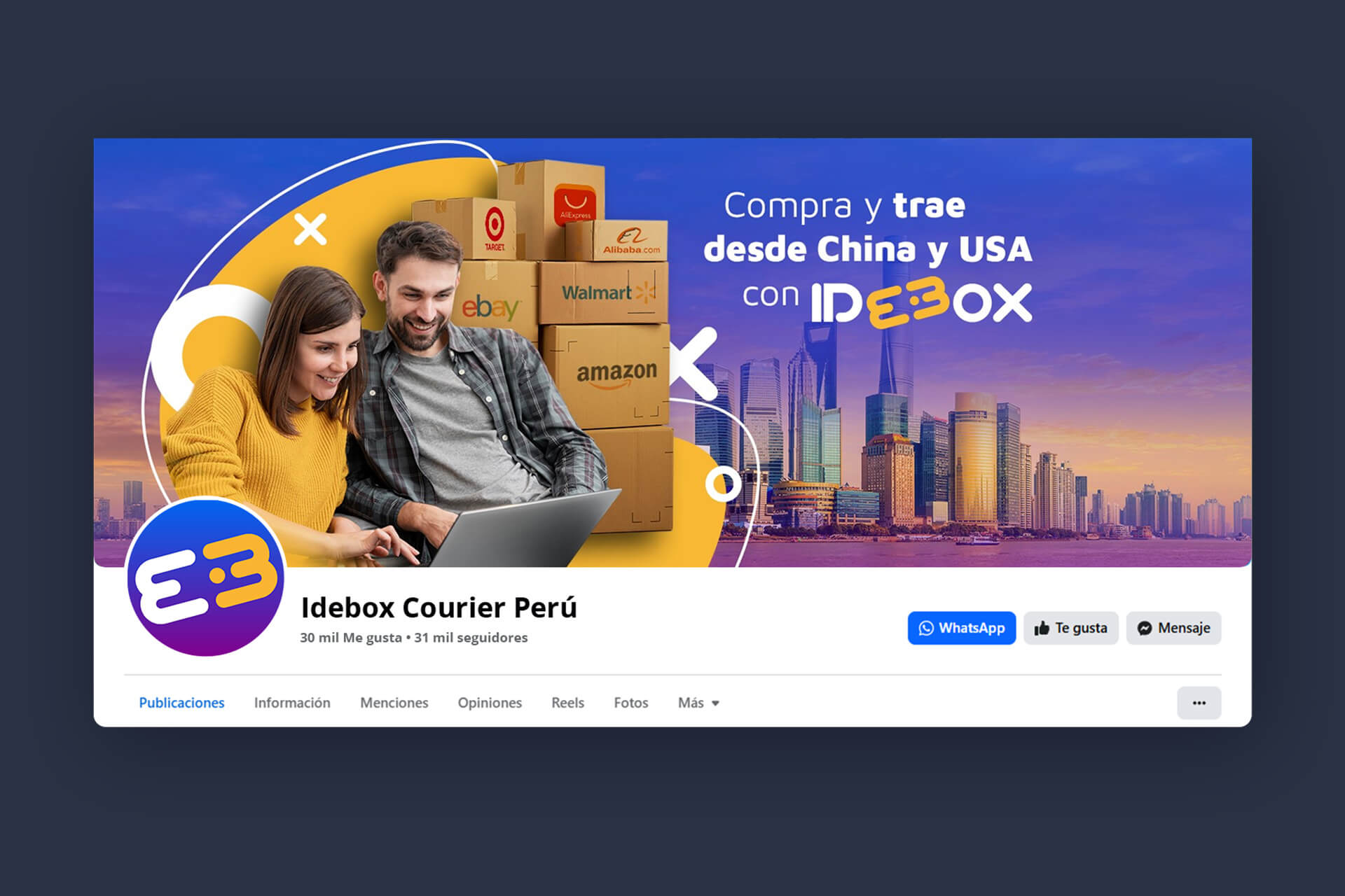 Portada y perfil de Facebook de Idebox con la nueva identidad visual, escena de compra online y referencia a China
