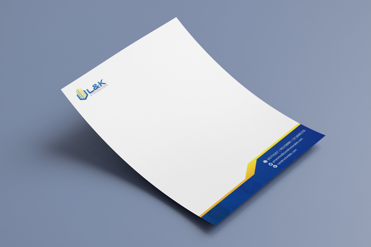 Diseño de hoja membretada corporativa para L&K con logotipo, franjas diagonales y datos de contacto