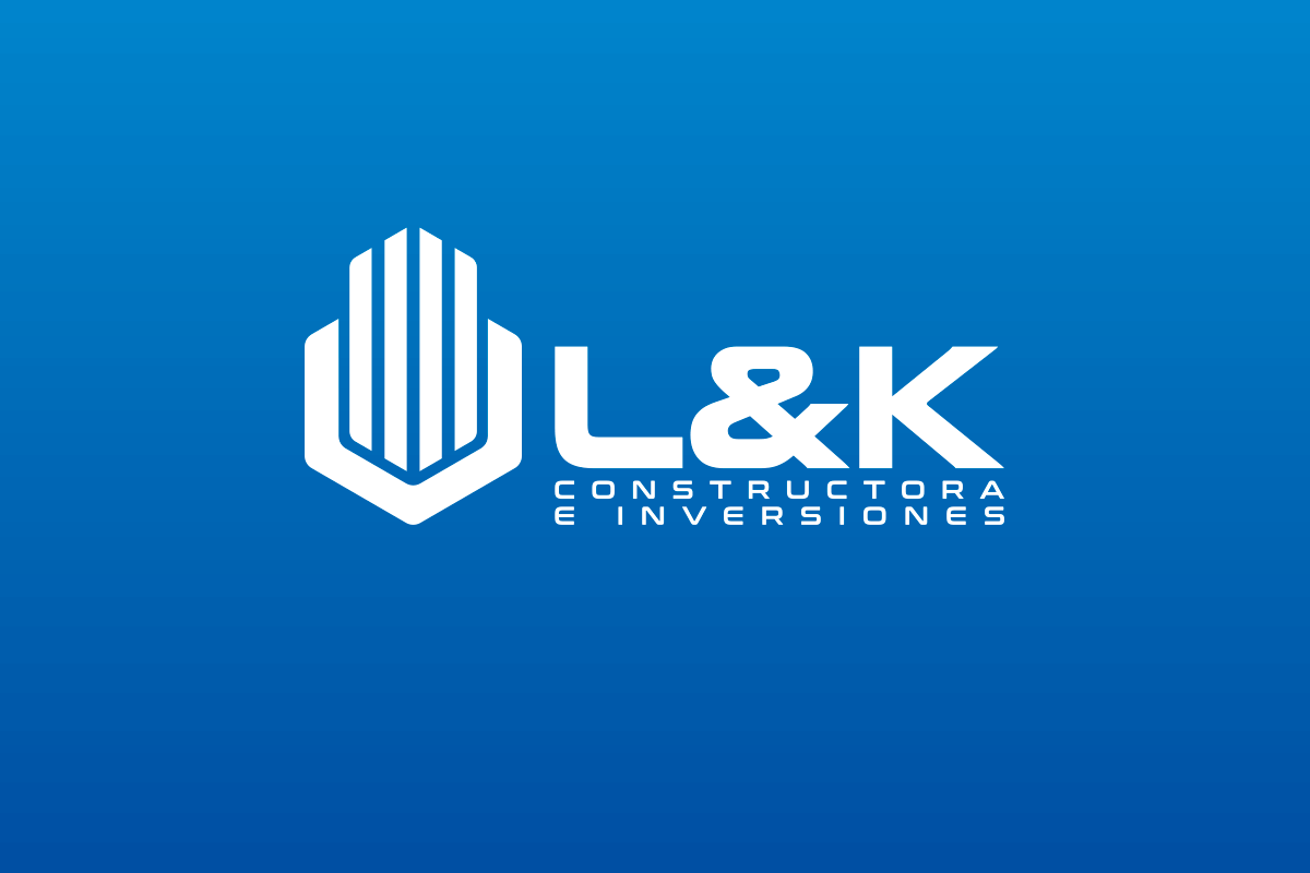 Logotipo de L&K Constructora e Inversiones en versión monocromática blanca sobre fondo azul degradado