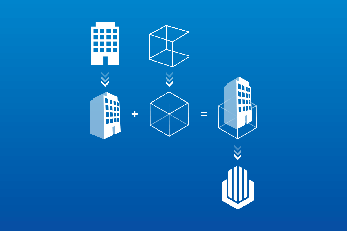 Proceso conceptual del isotipo de L&K mostrando la transformación de la forma de un edificio hasta llegar al símbolo de la marca
