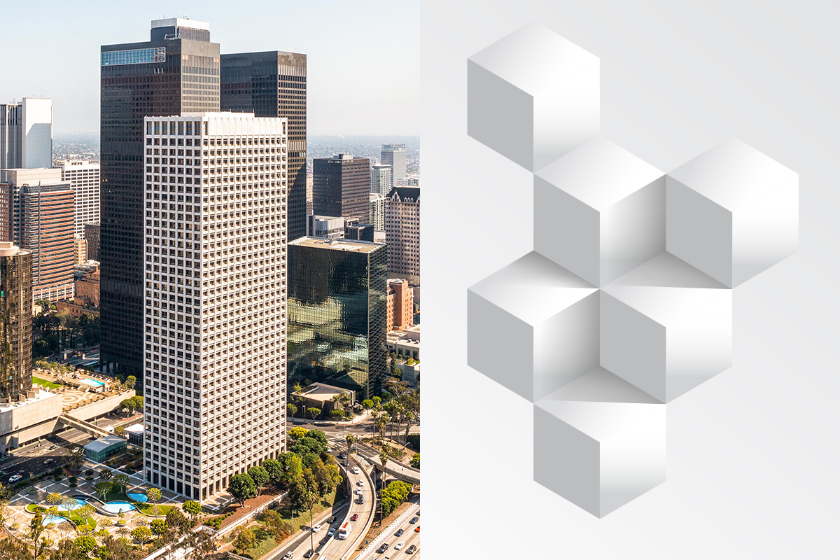 Referencias visuales para el diseño del logotipo de L&K, combinando edificios y estructuras tridimensionales representadas mediante cubos