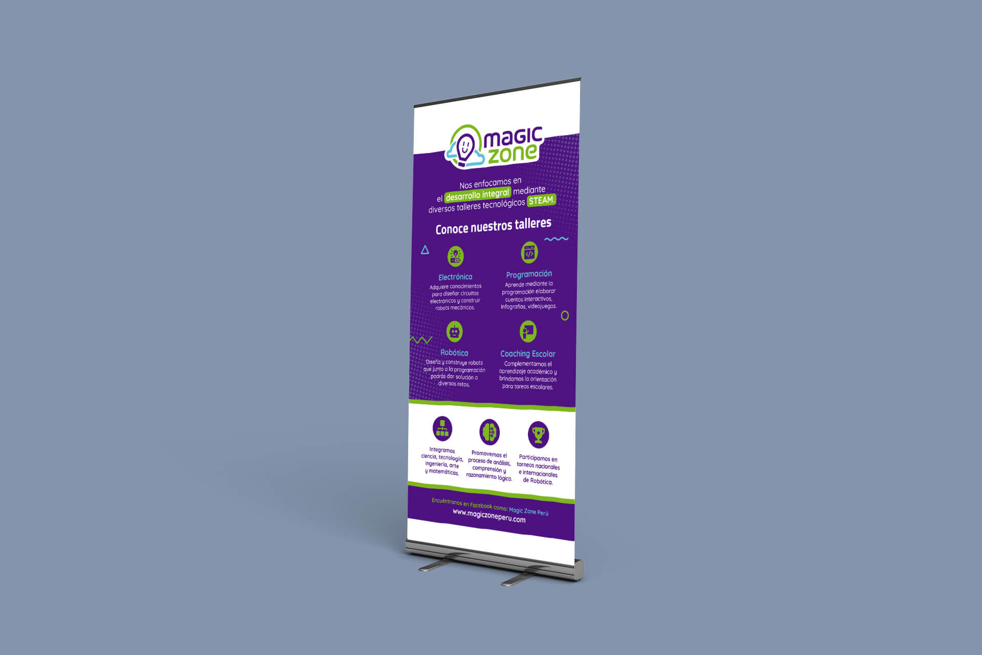 Banner publicitario tipo roll up de Magic Zone con servicios y propuesta de valor del emprendimiento