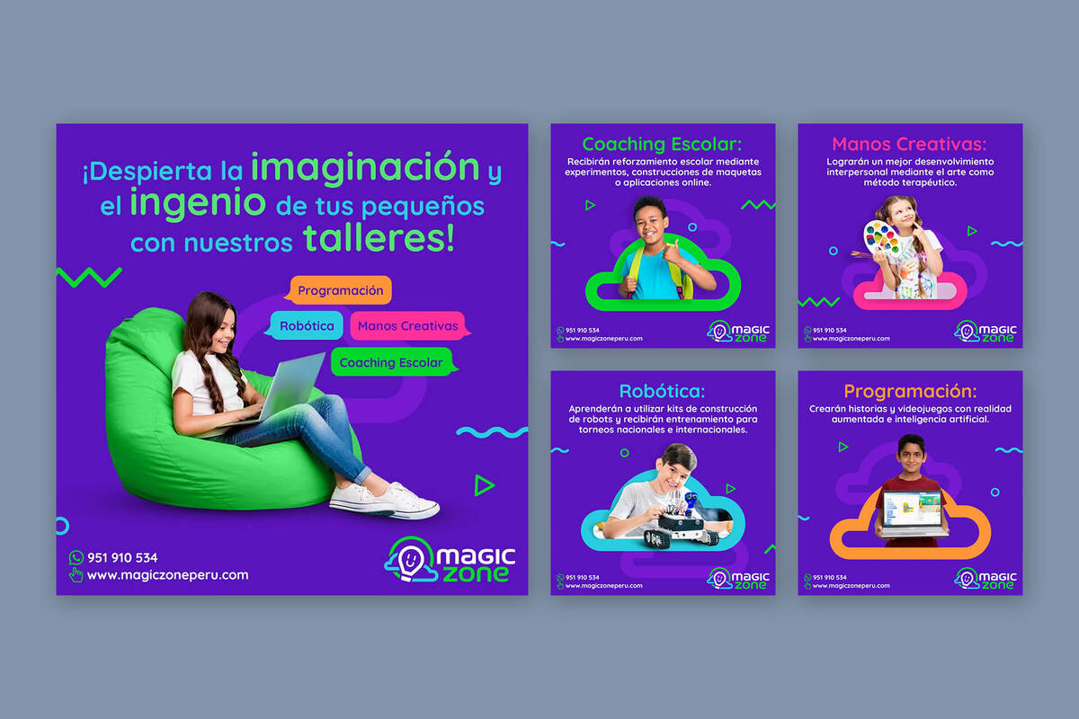 Diseño de logotipo, flyers para redes sociales y banner publicitario para Magic Zone