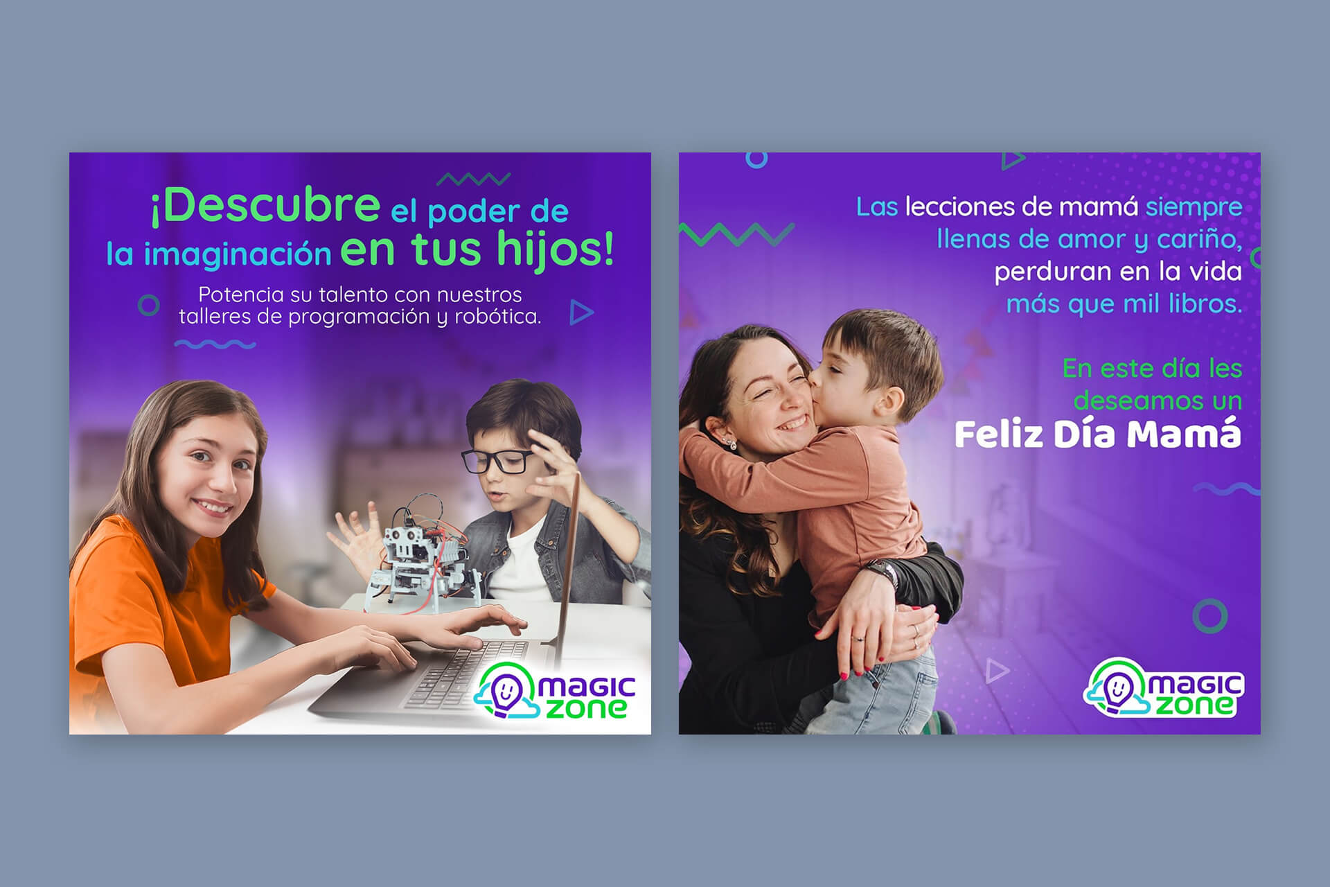 Piezas gráficas para redes sociales de Magic Zone sobre talleres y actividades educativas