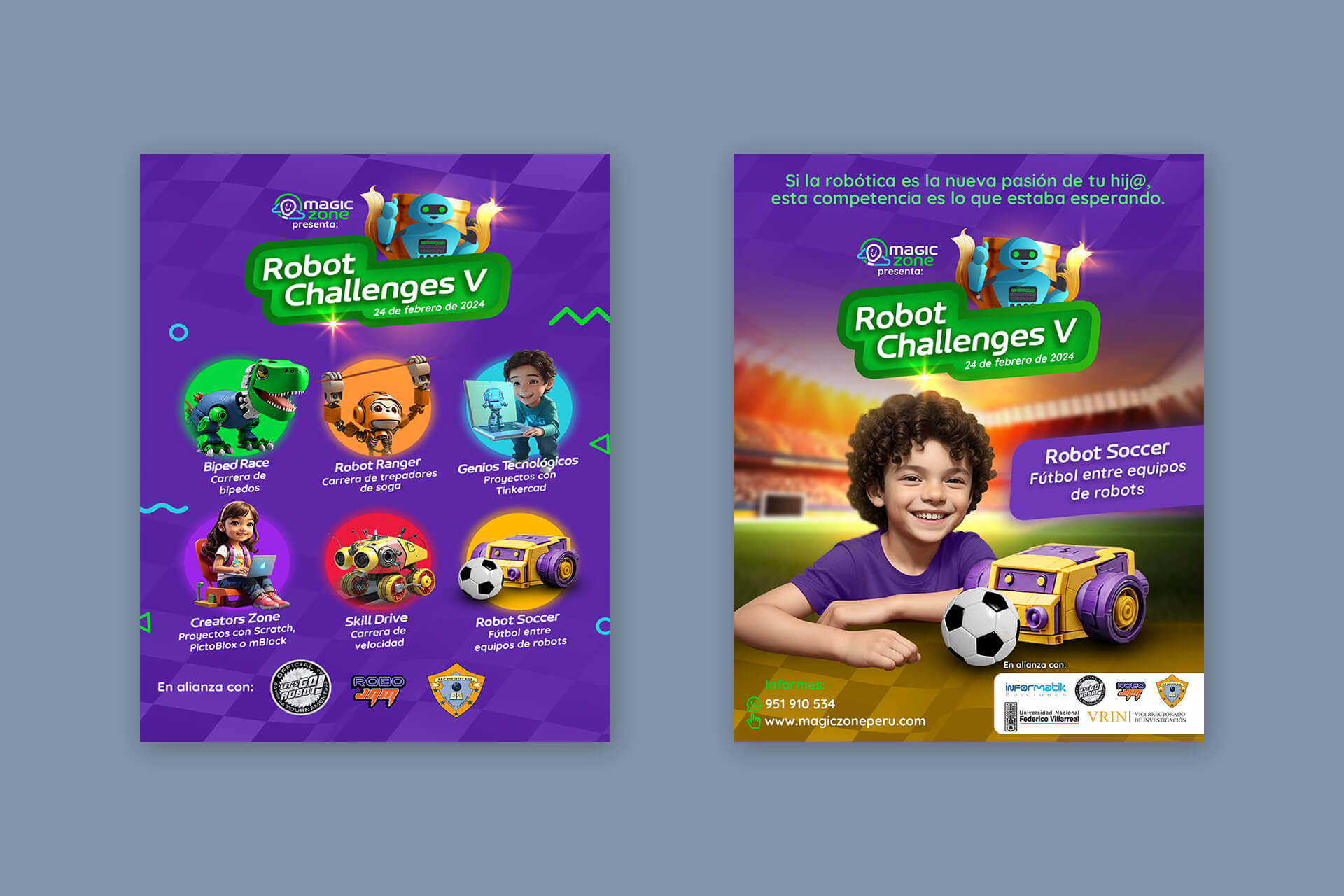 Flyer de Magic Zone para evento de robótica Robot Challenges V con diferentes competencias