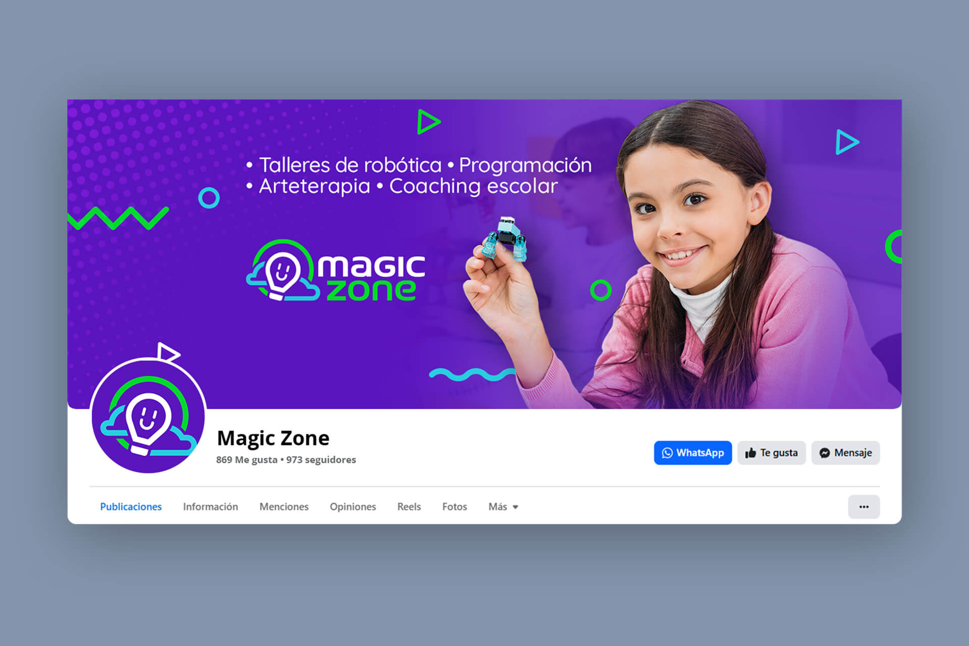 Diseño de portada de Facebook para Magic Zone con talleres de robótica, programación, manos creativas y coaching escolar