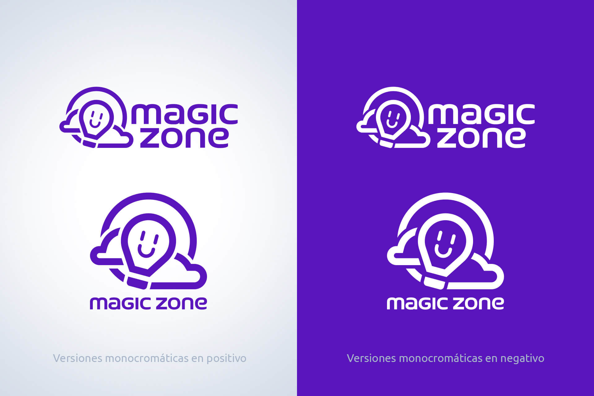 Versiones monocromáticas positivas y negativas del logotipo horizontal y vertical de Magic Zone