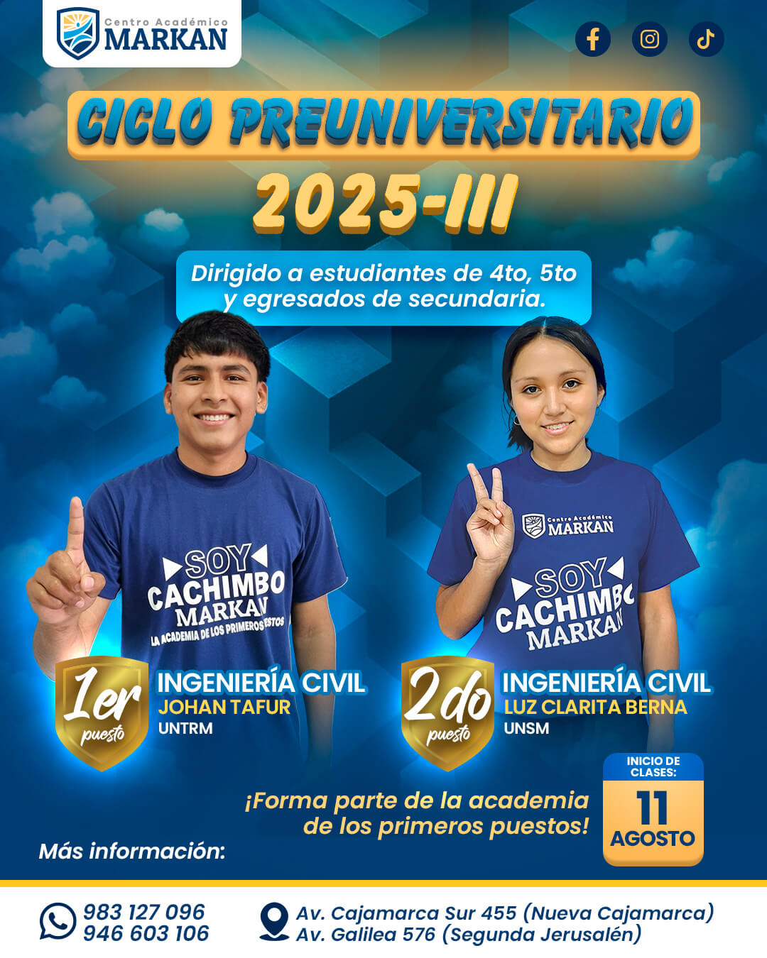 Flyer de Centro Académico Markan anunciando el ciclo preuniversitario 2025-II y destacando estudiantes que ocuparon primeros puestos