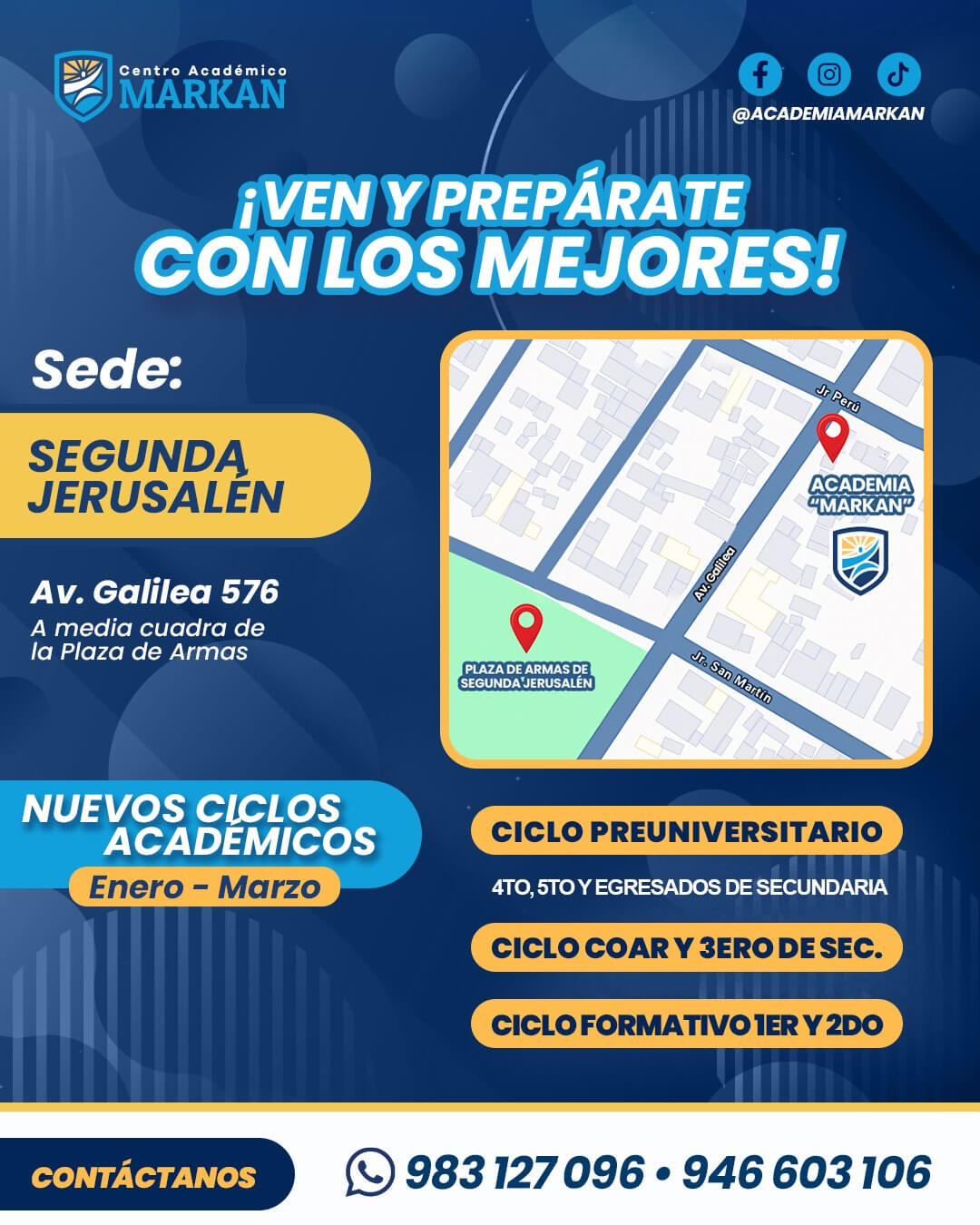 Flyer informativo de Centro Académico Markan con ubicación de sus locales y datos de contacto