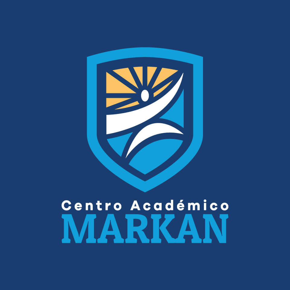 Logotipo vertical negativo de Centro Académico Markan aplicado sobre fondo oscuro