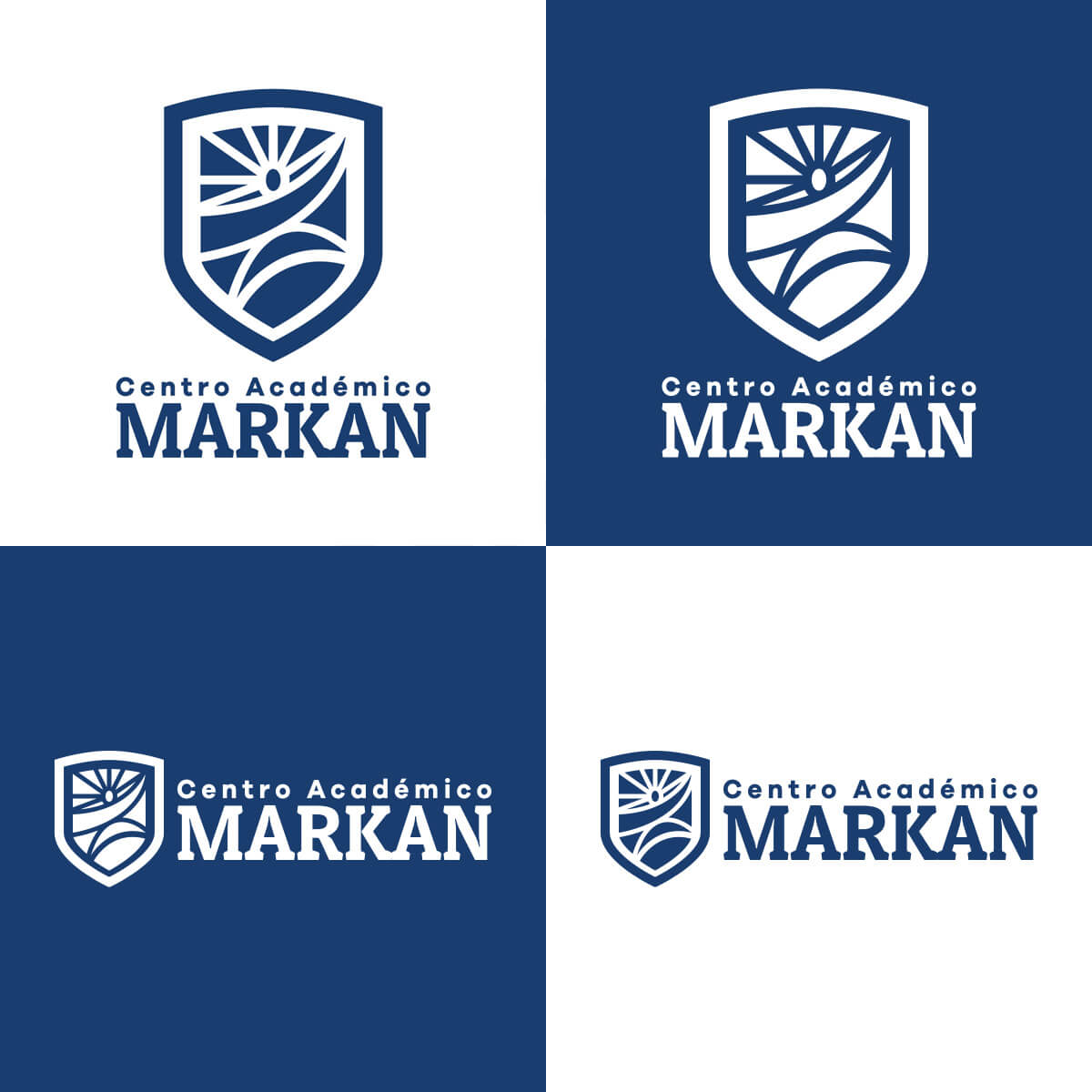 Versiones monocromáticas del logotipo de Centro Académico Markan en formatos vertical y horizontal, positivo y negativo