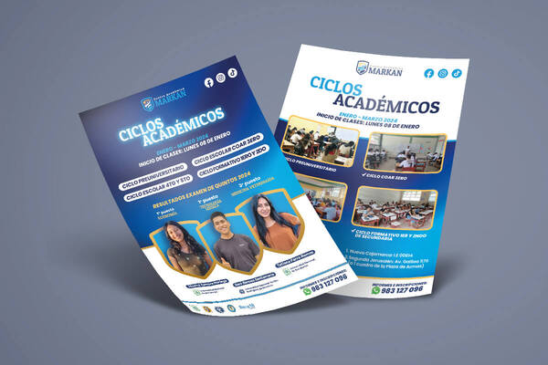 Diseño de logotipo, flyers publicitarios para redes sociales, publicidad impresa y video para Centro Académico Markan