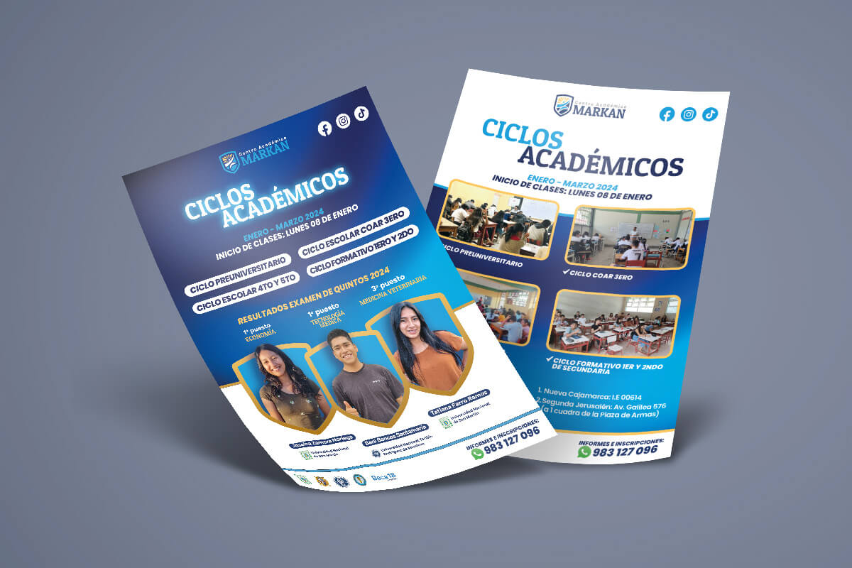 Volante impreso de Centro Académico Markan con resultados de estudiantes, información académica y beneficios de la institución