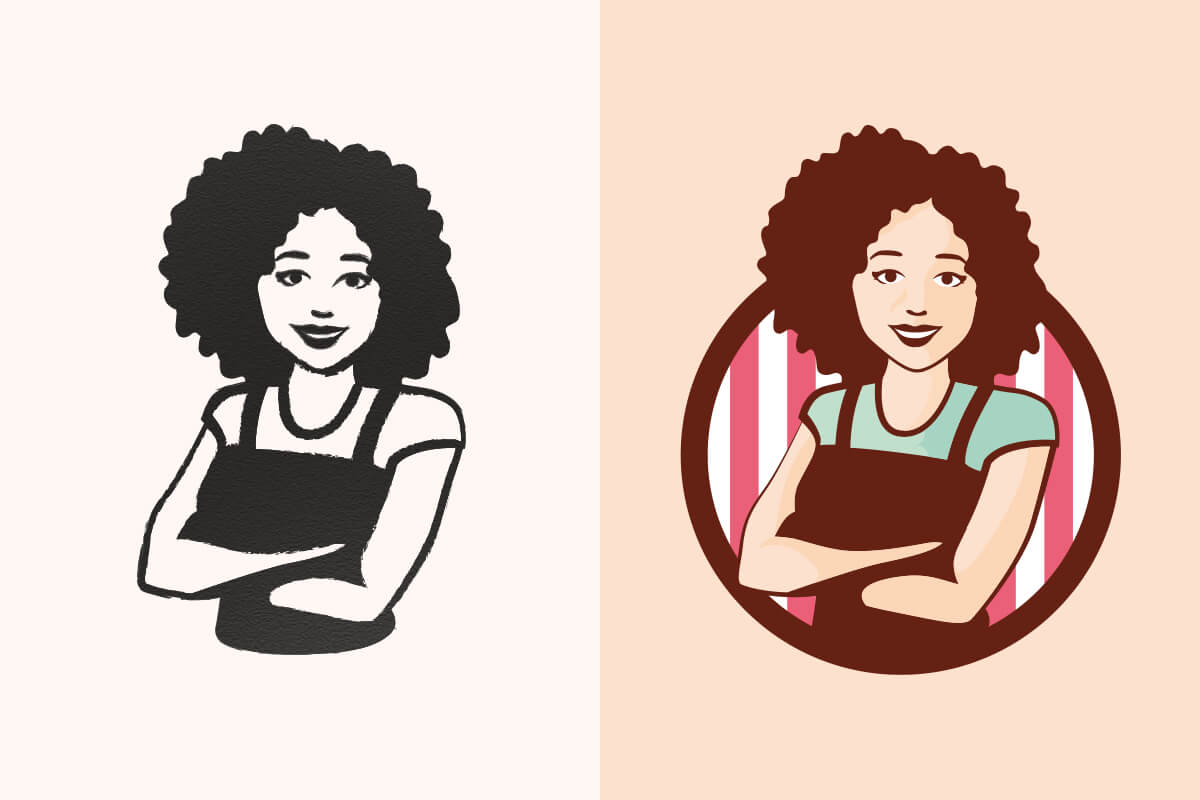 Proceso de desarrollo del logotipo de Señora Delicia desde el boceto final hasta la versión vectorizada y coloreada