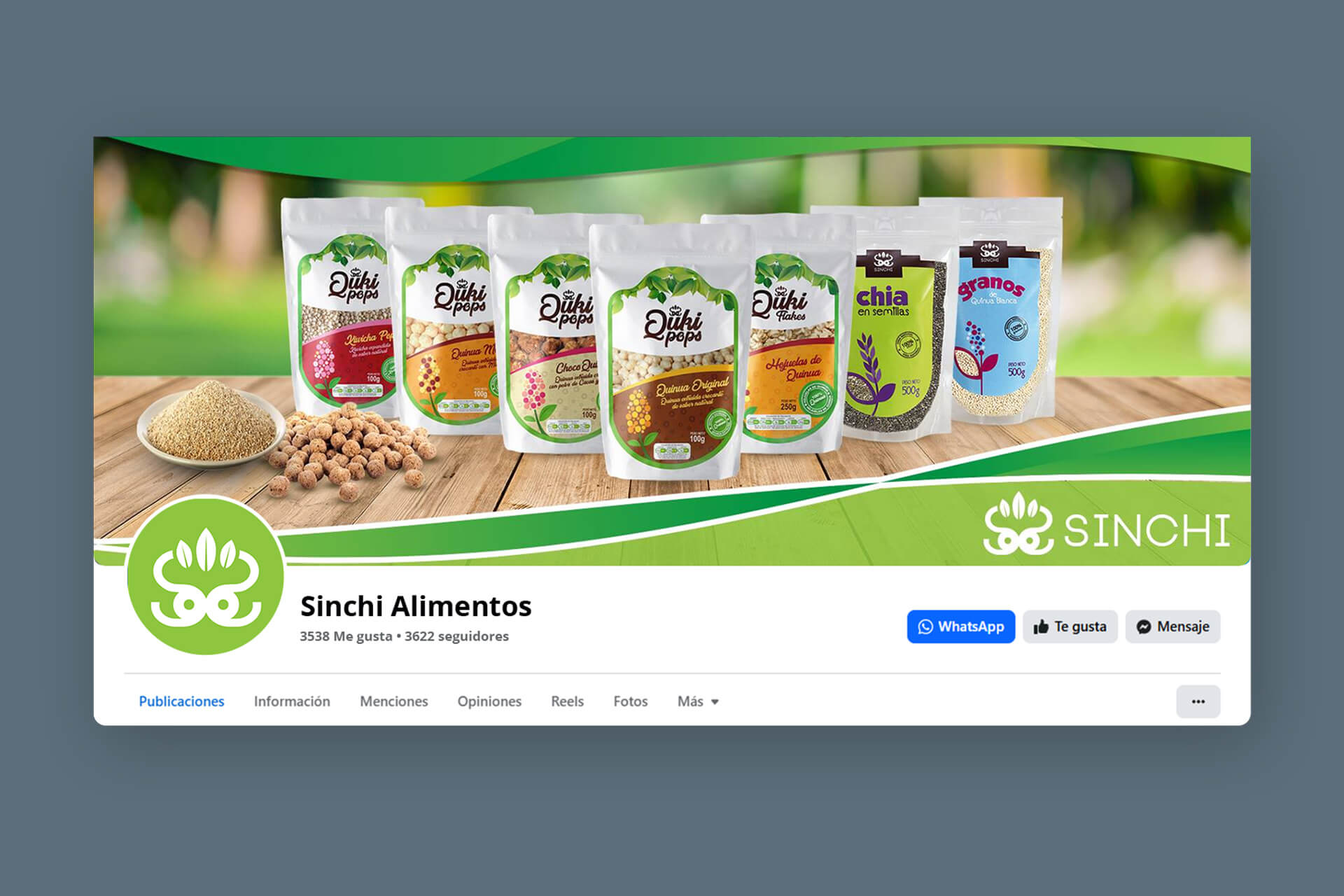 Portada de Facebook para Sinchi con productos naturales y franjas curvas verdes